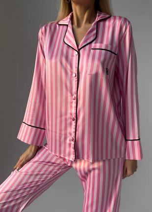 Женская пижама шелк vs на пуговицах рубашка и брюки в полоску1 фото