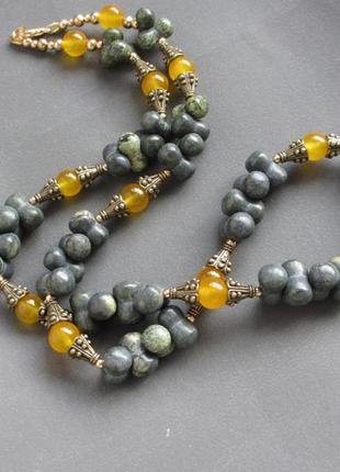Удлиненные бусы змеевик и желтый кварц, 70 см