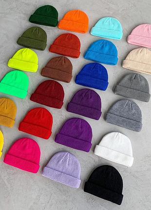 Шапка бини докер мини бини докерка укороченная выше ушей вязаная короткая с подворотом отворотом женская мужская черная