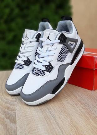 Nike air jordan 4 кроссовки женские кожаные термо на флисе ботинки высокие теплые сапоги найк джордан белые с серым и черным зимние осенние качество