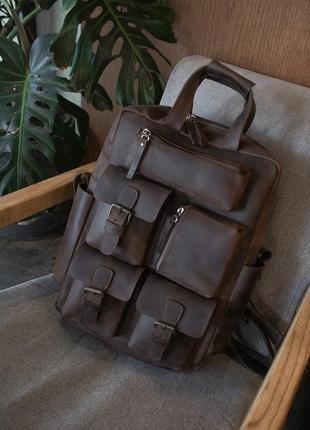 Коричневый рюкзак мужской из натуральной кожи, кожаный рюкзак для ноутбука с карманами4 фото