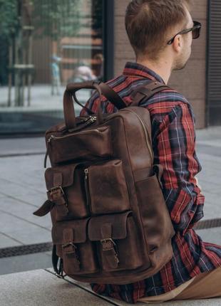 Коричневий рюкзак чоловічий з натуральної шкіри, шкіряний рюкзак для ноутбука з кишенями