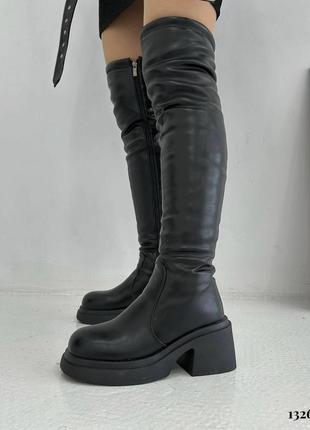Кожаные ботфорты сапоги ботинки на каблуке массивные на высокой платформе чулки высокие до колена на меху зимние reserved naked wolfe8 фото