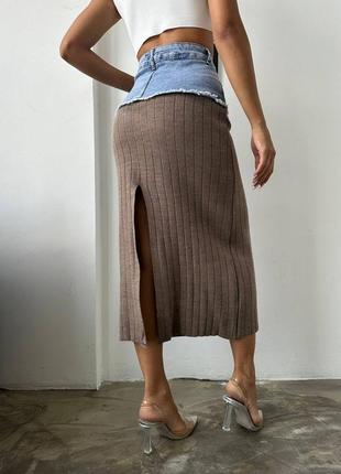 Комбинированная стильная джинсовая фабричная юбка миди 2 цвета2 фото