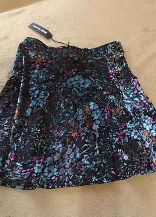 Мини юбка солнце в цветочный принт, вельвет, трикотаж