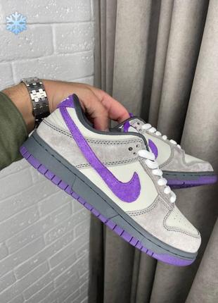 Зимние женские кроссовки nike sb dunk low winter grey purple fur серого с фиолетовым цветом с мехом