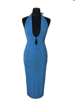 Платье платье сексуальное эротическое с вырезом декольте, разрез, приталенное, голубое, синее, масляное3 фото