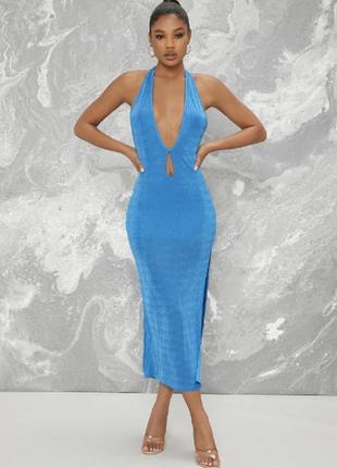 Платье платье сексуальное эротическое с вырезом декольте, разрез, приталенное, голубое, синее, масляное2 фото