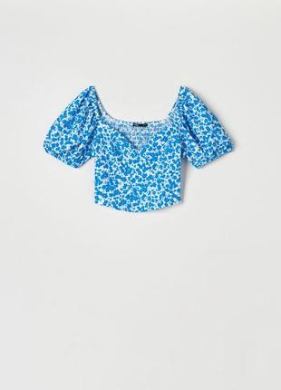 Топ в цветочный принт блуза голубой объемные рукава2 фото