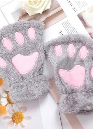 Перчатки лапки рукавички серо розовые