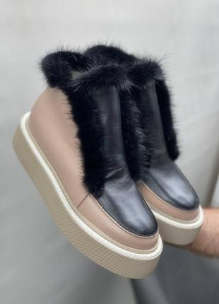 Кожаные ботинки лоферы высокие с опушением из норки цвет по выбору
