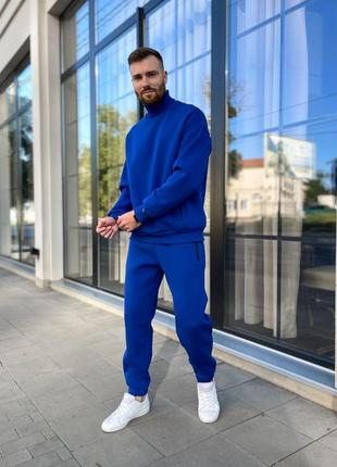 Качественный теплый мужской спортивный костюм на флисе синий электрик утепленный свитшот в брюки трехнить хлопок