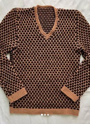 Теплый вязаный свитер свитер кофта женский в клетку клетку на зиму осень весну повседневный коричневый1 фото
