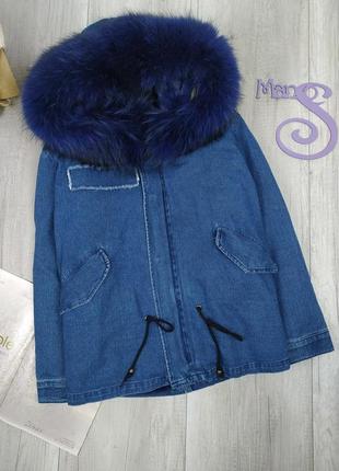 Жіноча джинсова куртка трансформер mr&mrs з натуральним хутром колір синій розмір м3 фото