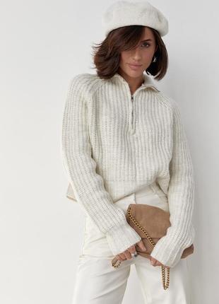 Женский вязаный свитер oversize с воротником на молнии - молочный цвет, l (есть размеры)