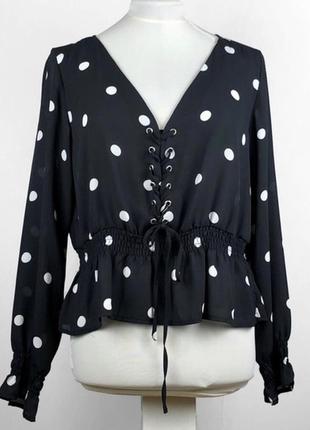 Блузка  в горошек. блуза с v-образным вырезом и шнуровкой спереди. кроп топ со шнуровкой8 фото