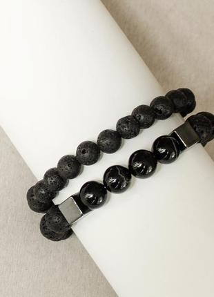 Мужские браслеты из натуральных камней . лава , черный агат, гематит