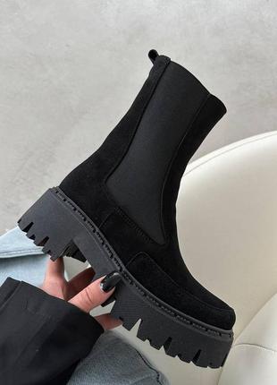 Распродажа натуральные замшевые зимние черные ботинки - челси