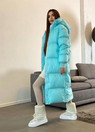 Теплый зимний пуффер пуховик плащевка на подкладке аэропух с капюшоном свободного прямого кроя длинное пальто10 фото