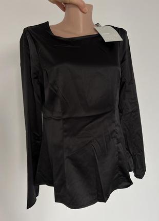 Черная атласная блуза на длинный рукав блузка по фигуре черная блуза атлас