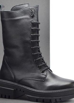 Женские модные зимние кожаные ботинки сапоги высокие черные l-style 6732