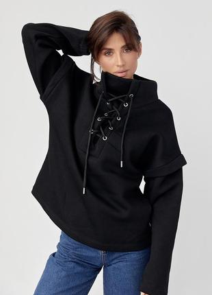 Теплый женский свитшот со шнуровкой на горловине - черный цвет, модель 05141