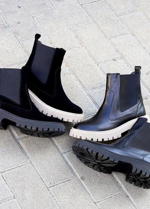 Стильные черные замшевые кожаные ботиночки зима на меху