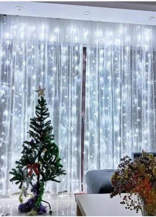 Гірлянда 3m*2m штора на вікно водоспад на прозорому дроті 400 (240 led) ламп білий колір новорічна гірлянда