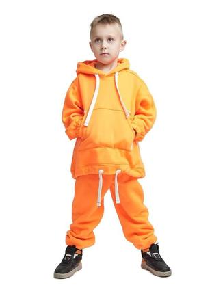 Костюм детский спортивный теплый из турецкой хлопковой ткани с начесом, худи кенгуру штаны оранжевый4 фото