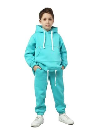 Костюм дитячий спортивний теплий із турецької бавовняної тканини з начосом, худі кенгуру штани, блакитний4 фото