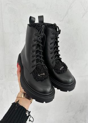 Чорні зимові шкіряні черевики з хутром теді