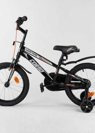 Двухколесный велосипед детский 16" дюймов "corso" r-16317, ручной тормоз, звоночек, с дополнительными колесами3 фото