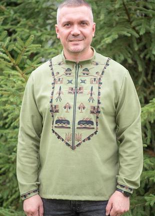 Вишиванка чоловіча лляна, хакі, довгий рукав, топ крохатушка одяг