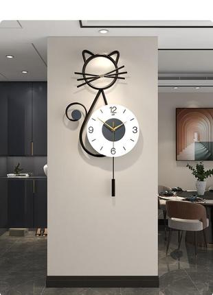 Годинник настінний дизайнерський з маятником wish cat jt21239 / 75x35см чорний4 фото