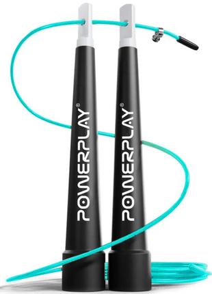 Скакалка скоростная powerplay 4202 ultra speed rope бирюзовая (2.9m.) изготавливается из прочного pp и pvc, имеет удобные ручки