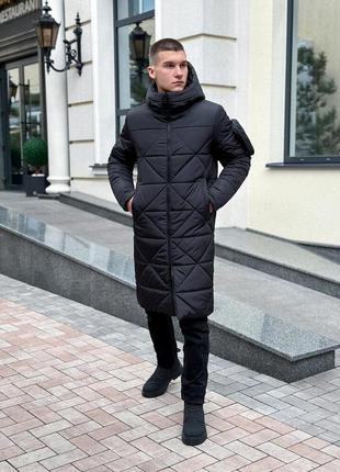 Мужская зимняя куртка удлиненная с капюшоном черная pobedov zmist