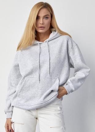 Утепленное женское худи с карманом-кенгуру - светло-серый цвет, модель 8606