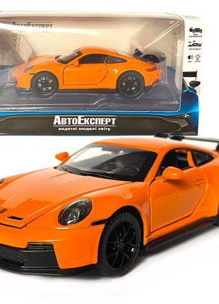 Игрушечная машинка металлическая porsche 911 gt3, порше, оранжевый, звук, свет, инерция, откр двери, капот,