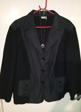 Шерстяной-100%,чёрный,офисный жакет-пиджак с карманами,большого размера,германия