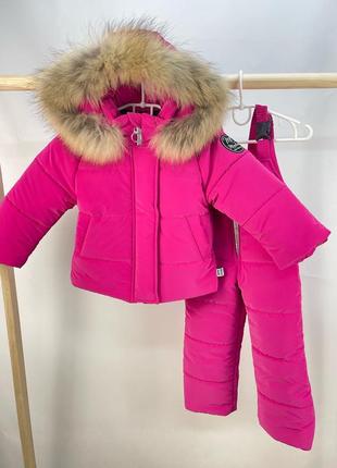 Зимний костюм куртка и брюки полукомбинезона с мехом енота розовый до -30 мороза8 фото