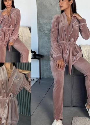 Женская теплая пижама домашний комплект кофта на запах с поясом