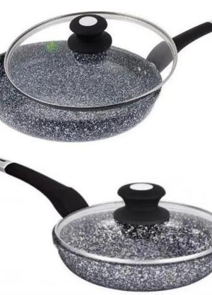 Сковорода с крышкой 22 см светлый гранит unique un-5114 | антипригарная сковорода | гранитная smarts