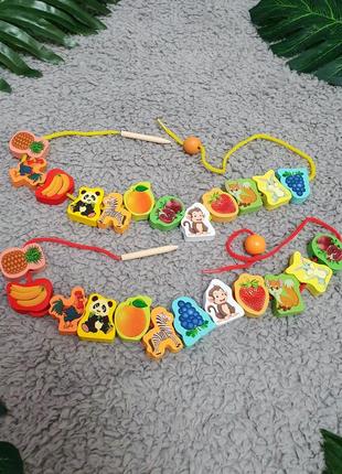 Дерев'яна шнурівка дитяча іграшка сортер розвиваюча намисто для логіки моторики з дерева1 фото
