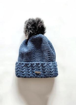 Antonio шапка синяя двойная теплая вязаная флис флисовая с помпоном понпоном шапочка фирменная брендовая зимняя осенняя на зиму для взрослых и детей