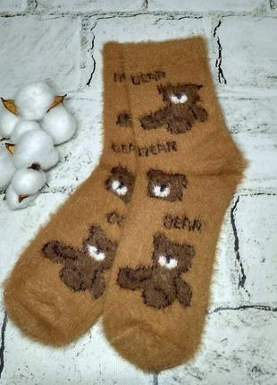 Жіночі шкарпетки, термошкарпетки кашемір норка з малюнком ведмедик коричневі