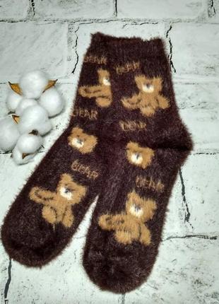 Жіночі шкарпетки, термошкарпетки кашемір норка з малюнком ведмедик темно-коричневі
