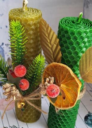 Свічка з вощини набір з 2 свічок ручної роботи "дух різдва"