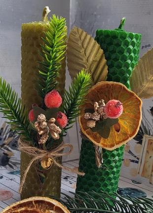 Свічка з вощини набір з 2 свічок ручної роботи "дух різдва"