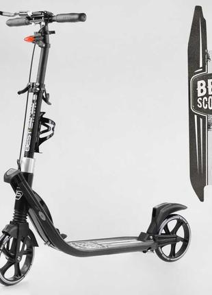 Двоколісний самокат best scooter l-36375 чорний, з фарою, 2 амортизатори, ручне гальмо, до 100 кг, pu 200 мм