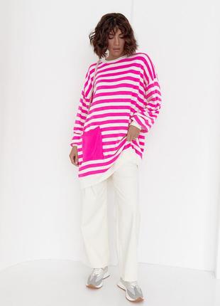 Туника женская в полоску с карманом - розовый цвет, l (есть размеры)7 фото